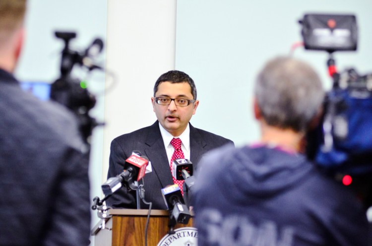 Dr. Nirav Shah, director of the Maine Center for Disease Control and Prevention,  briefs reporters during a news conference about the novel coronavirus on Tuesday in Augusta.