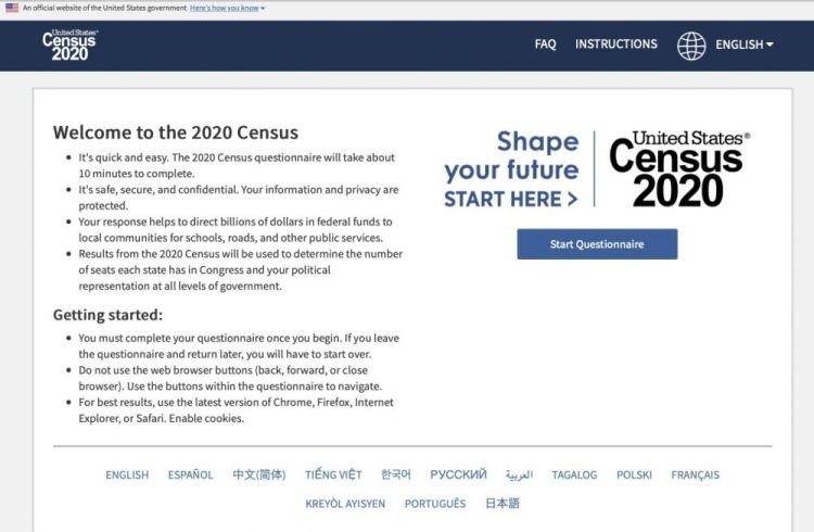 This photo provided by the U.S. Census 2020, shows the homepage of the United States' Census 2020 website on Tuesday, March 10, 2020. 