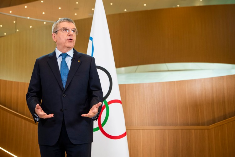 International Olympic Committee (IOC) president Thomas Bach speaks during a statement on the coronavirus and the Tokyo Olympic Games  after the executive board meeting of the IOC, at the Olympic House, in Lausanne, Switzerland,  on March 3.
