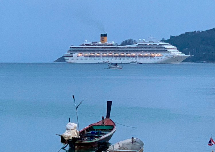 A view of the Costa Fortuna cruise ship, near Phuket, Thailand, on Friday. The ship had already been denied in Malaysia and Thailand because 64 people aboard are from Italy. As of Saturday evening, it was heading to Singapore.