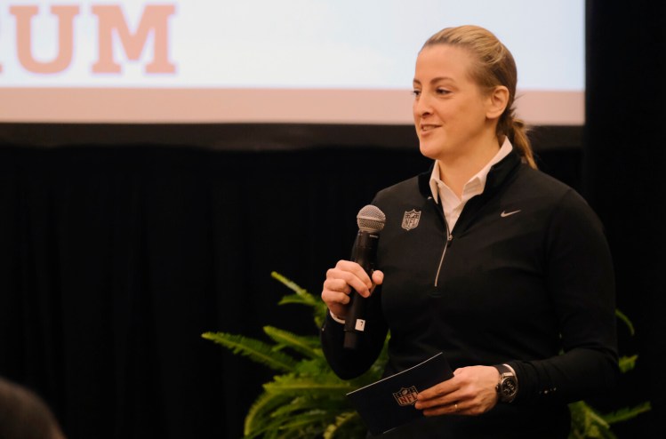 Samantha Rapoport speaks at the NFL Women's Forum in Indianapolis. The forum was begun by Rapoport, the league's senior director of diversity and inclusion. The idea is simple: providing opportunities. (AP Photo/AJ Mast, File)
