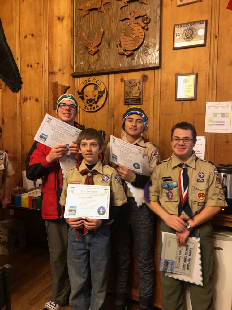 Boy Scouts from Troop 428 in Pittsfield and Troop 485  in Skowhegan recently took part in Pine Tree Council’s Winter Camp at Camp Hinds in Raymond. Front from left are Tyler Dearborn and Michael Connolly. 
Back from left are Walter Hautanen and Noah Wiswall.