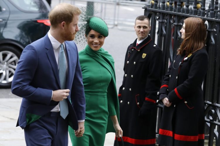 Britain's Harry and Meghan, the Duke and Duchess of Sussex, arrive to attend the annual Commonwealth Day service at Westminster Abbey in London on Monday. 