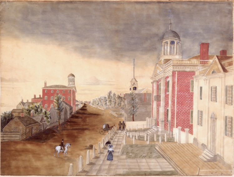 Congress Street in Portland, 1822-1825.
Maine’s first State House is the white wooden building on the right in this early view of Portland’s Congress Street. 