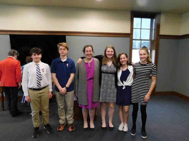 Daughters of the American Revolution, Koussinoc Chapter, Augusta, award and essay contest winners from left are Alden Wilkinson, Keith Radonis, Gerogianna Davidson, Abigail Clark, Natalie Dube and Davyn Swindells.
