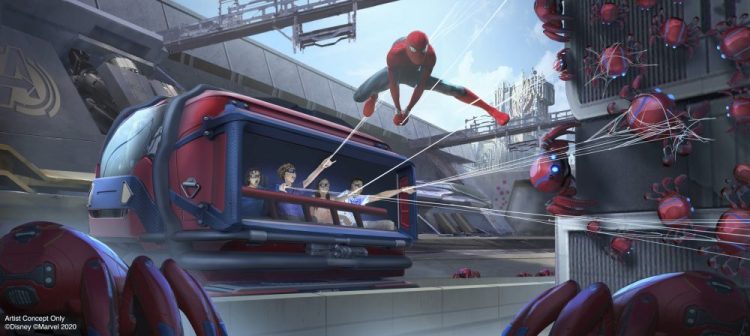 This artist rendering released by Disneyland Resort shows a concept for the Spider-Man Adventure attraction in Avengers Campus at Disney California Adventure Park in Anaheim, Calif. The attraction will allow guests to put their web-slinging skills to the test as they team up with Spider-Man to capture his out-of-control Spider-Bots before they wreak havoc on the Campus. 
