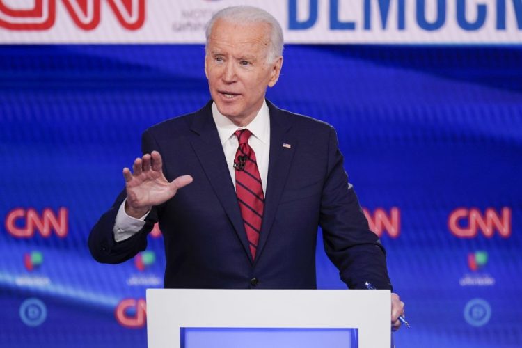 Former Vice President Joe Biden participates in a Democratic presidential primary debate at CNN Studios in Washington.