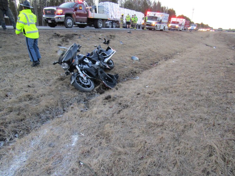 The aftermath of a Sunday evening motorcycle crash that seriously injured a 44-year-old Sidney man who was flown by LifeFlight to a hospital in Lewiston. 