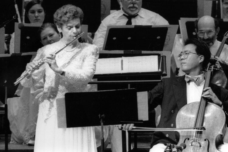 Flutist Doriot Anthony Dwyer, left, and cellist Yo-Yo Ma perform the world premiere of Bernstein's "Variations on an Octatonic Scale" in Boston in 1995.