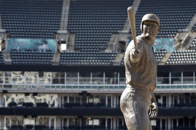 A statue of former Cleveland star Jim Thome stands in an empty Progressive Field on March 26, 2020, in Cleveland. 