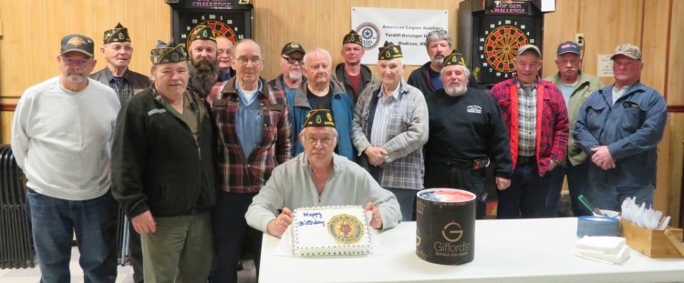 In front, Robert Demchak, American Legion Post 39 Commander, holds the legion's birthday cake. Second row from left are  Vincent Santoni, Gene Dube and Ron Page. Third row from left are John Ziacoma, Aaron Rollins, John Bryant, Gene Tweedie, Ted Misiaszek, Joe Jenks, Joe Slavinski and Dan Houssock. And back row from left are Eric Fluet, Curt Sanborn, Ray Cloutier and Scott Eggleston.

