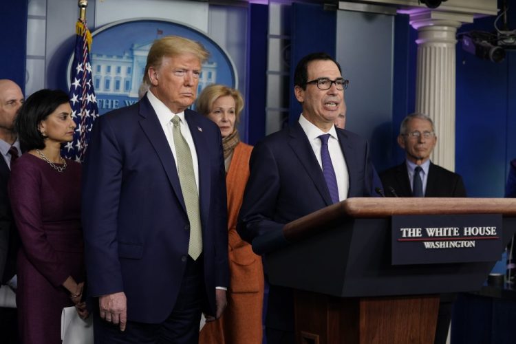 Treasury Secretary Steven Mnuchin speaks during a news briefing with President Trump and the coronavirus task force at the White House on Tuesday in Washington. 