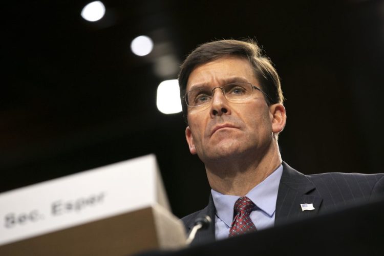 Defense Secretary Mark Esper testifies to the Senate Armed Services Committee about the budget March 4.