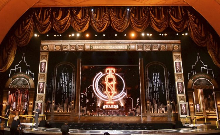 This June 9, 2019 file photo shows the stage prior to the start of the 73rd annual Tony Awards at Radio City Music Hall in New York. 