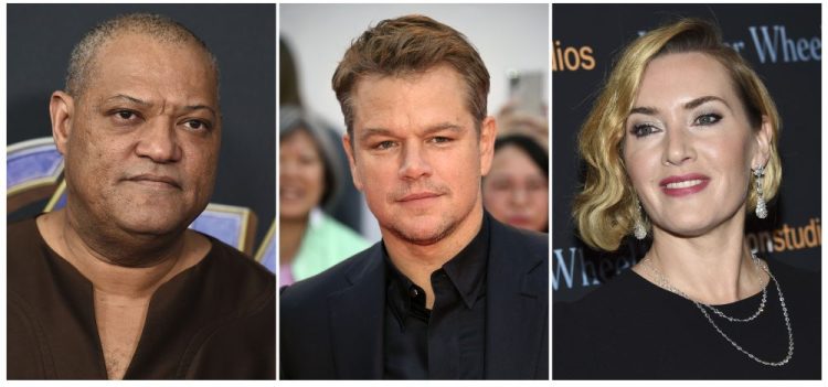 This combination photo shows actors, from left, Laurence Fishburne, Matt Damon and Kate Winslet, who are among the stars of the 2011 thriller “Contagion” who have reunited for a series of public service announcements to warn about COVID-19. They have teamed up with scientists from Columbia University's Mailman School of Public Health to offer four individual homemade videos. 