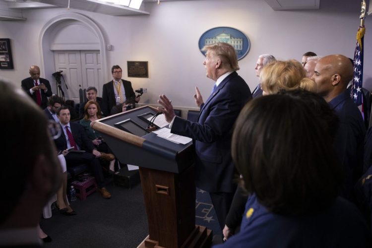 President Trump speaks Sunday during a briefing about the coronavirus in the James Brady Press Briefing Room of the White House in Washington.