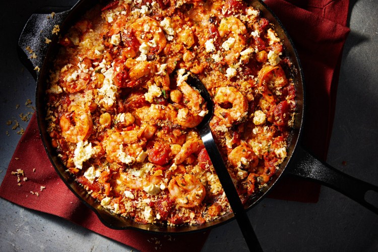 Baked Tomatoes, Shrimp and Chickpeas with Feta and Bread Crumbs.