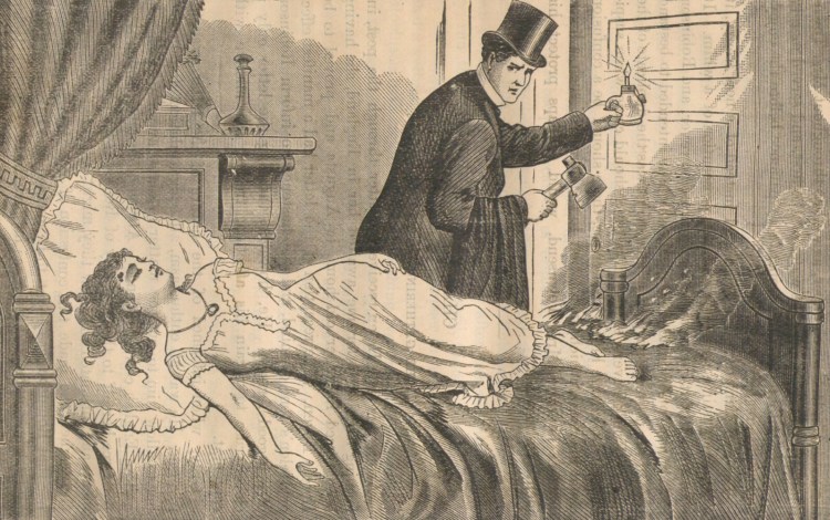 The imagined murder scene from a pamphlet entitled The truly remarkable life of the beautiful Helen Jewett, who was so mysteriously murdered. The strangest and most exciting case known in the police annals of crimes and mysteries in the great city of New York, published ca. 1878
