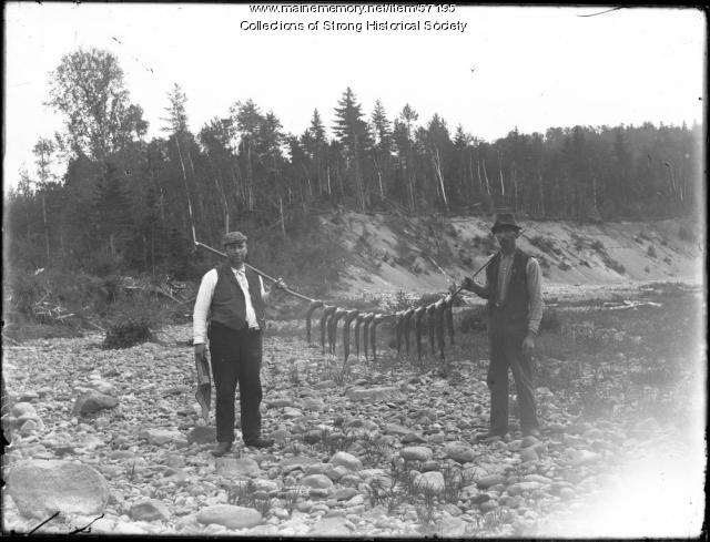Affectionately called "squaretail," brook trout have long been a favorite among Maine fishermen. Here, fishermen in 1905 at Valley Brook near Farmington display their catch.