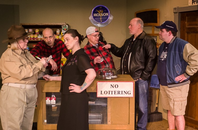 The cast of "Last Gas," from left, Lynne Currie-Rodrigue as Cherry-Tracy Pulcifer, David Moisan as Nat Paradis, Ashley Hamboyan as Lurene Legassey Soloway, Gregor Smith as Guy Gagnon, Joseph Klapatch as Dwight Paradis, and Daniel Giroux-Pare as Troy Paradis-Pulcifer. The play is directed by Lucy Rioux.