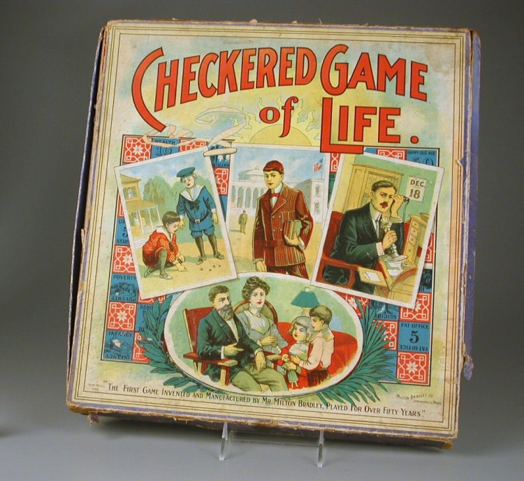 The box cover from about 1910 of the board game invented in 1866 by Milton Bradley.