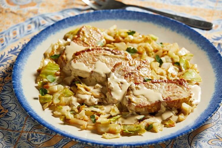 Pork and Cabbage with Mustard Cream Sauce. 