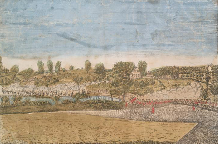The engagement at the North Bridge in Concord, Plate III of Amos Doolittle's engravings of the Battles of Lexington and Concord, 1775.