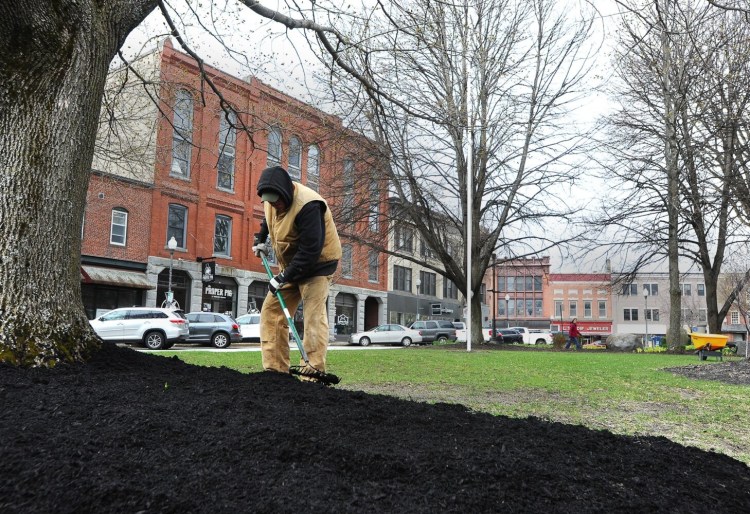 George Kuckenbarker of Waterville Parks and Recreation is dressed for the cold as he rakes black mulch while landscaping with Chad Glidden on Castonguay Square in Waterville on  Tuesday. It has been a cold and blustery month in northern New England, though temperatures could become more seasonal in parts of the states later this week.