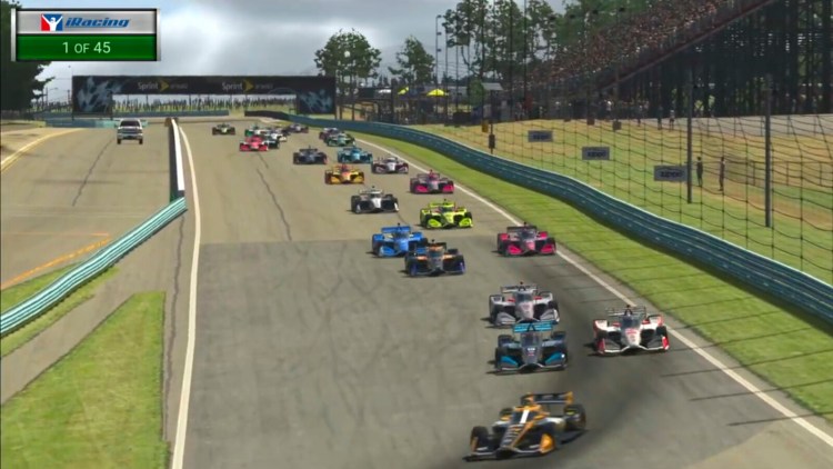 In this image taken from video provided by iRacing IndyCar, IndyCar Pato O'Ward, foreground, heads into a turn during opening lap of the American Red Cross Grand Prix virtual IndyCar race Saturday at Watkins Glen International. 