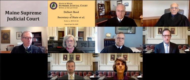 In this image made from a teleconferencing video provided by the Maine Supreme Judicial Court, its members hear the first arguments Tuesday in a lawsuit over the validity of petitions for a referendum on a hydropower transmission project. Seen in top row, from left, are Justices Thomas Humphrey and Joseph Jabar; middle row, Justices Jeffrey Hjelm, Ellen Gorman, Andrew Horton and attorney Nolan Reichl; bottom row, attorney David Kallin and Assistant Attorney General Phyllis Gardiner. 