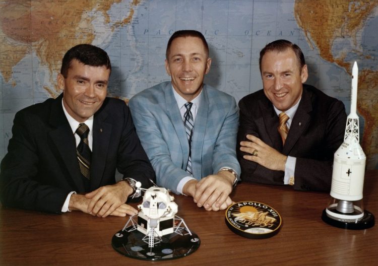 Apollo 13 astronauts, from left, Fred Haise, Jack Swigert and Jim Lovell gather for a photo April 10, 1970, on the day before launch.