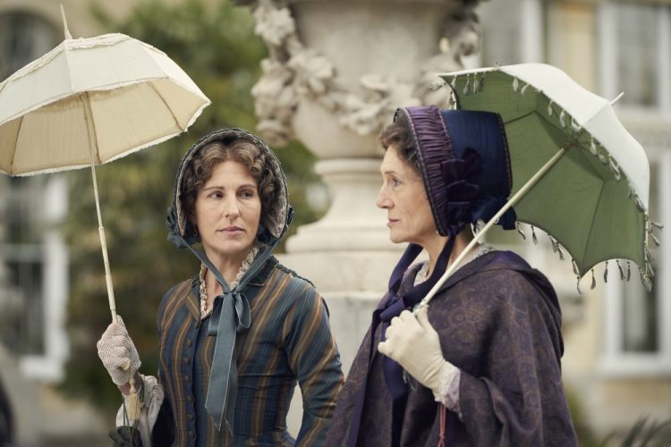 CORRECTS TITLE TO BELGRAVIA - This image released by Epix shows Tamsin Greig as Anne Trenchard, left, and Harriet Walter as Lady Brockenhurst in a scene from Julian Fellowes' latest series "Belgravia." (Robert Viglasky/Carnival Films/Epix via AP)