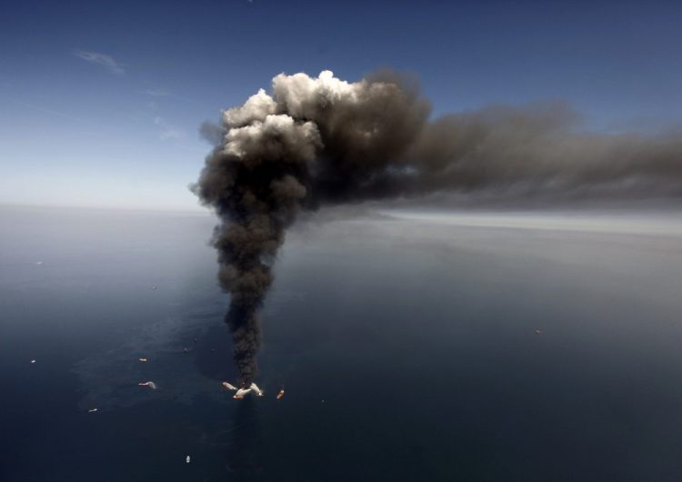The Deepwater Horizon oil rig burns on April 21, 2010, in the Gulf of Mexico, more than 50 miles southeast of Venice on Louisiana's tip. 