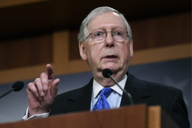 Senate Majority Leader Mitch McConnell of Ky., speaks during a news conference on Capitol Hill in Washington in March 2020. 