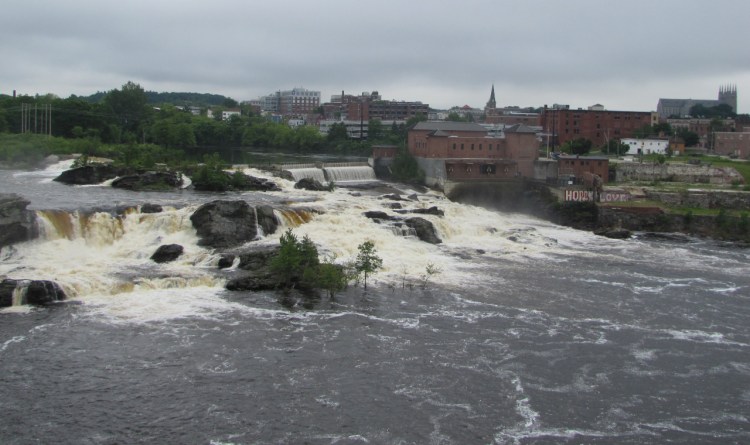 The Great Falls in Lewiston-Auburn only run for a few months out of the year. This overhead shot provides a view of these falls with the city of Lewiston as a backdrop. 