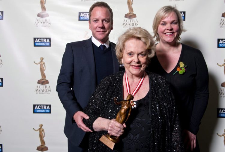 Shirley Douglas poses in 2013 with her children Kiefer Sutherland and Rachel Sutherland after she received the ACTRA Toronto Award of Excellence at the 11th annual ACTRA awards in Toronto. 