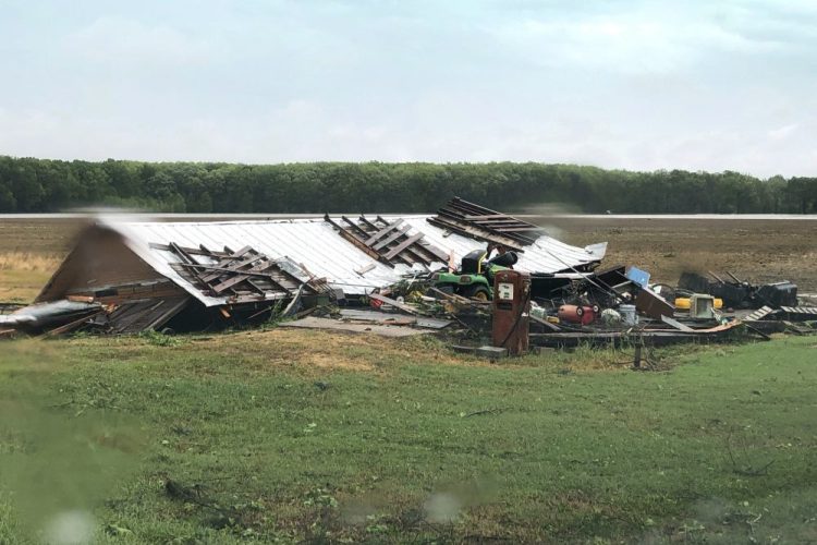 Strong storms pound parts of the Deep South, including this house and shed in Yazoo County, Miss., Sunday. Winds damaged buildings and toppled trees throughout Louisiana and Mississippi as they advance to Tennessee and Alabama.