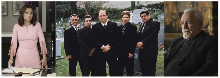 This combination photo shows Julia Louis-Dreyfus in "Veep," from left, Tony Sirico, Steve Van Zandt, James Gandolfini, Michael Imperioli and Vincent Pastore from "The Sopranos," and Brian Cox from "Succession." The three series are among several HBO series available for free streaming on HBO Now.