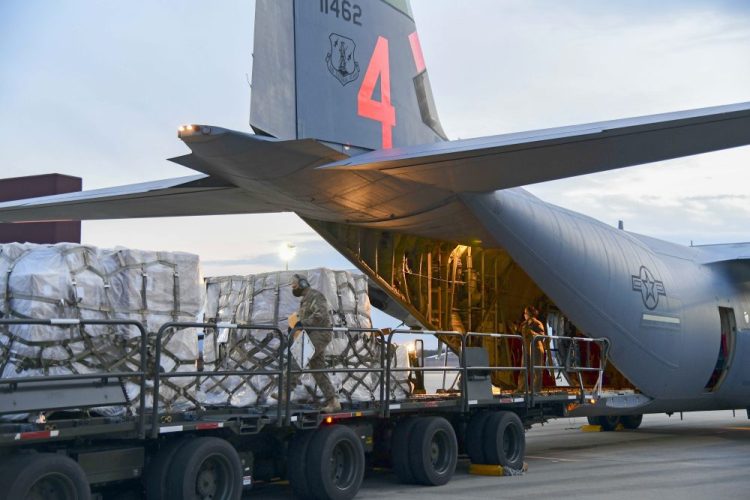 Airmen from the 146th Airlift Wing of the California Air National Guard in California deliver 200 ventilators to the New York Air National Guard's 105th Airlift wing at Stewart Air National Guard Base in New York on Tuesday.