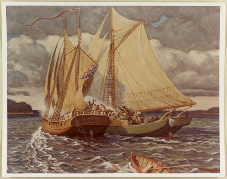 Painting of the capture of the HMS Margaretta by artist Robert L. Lambdin.
