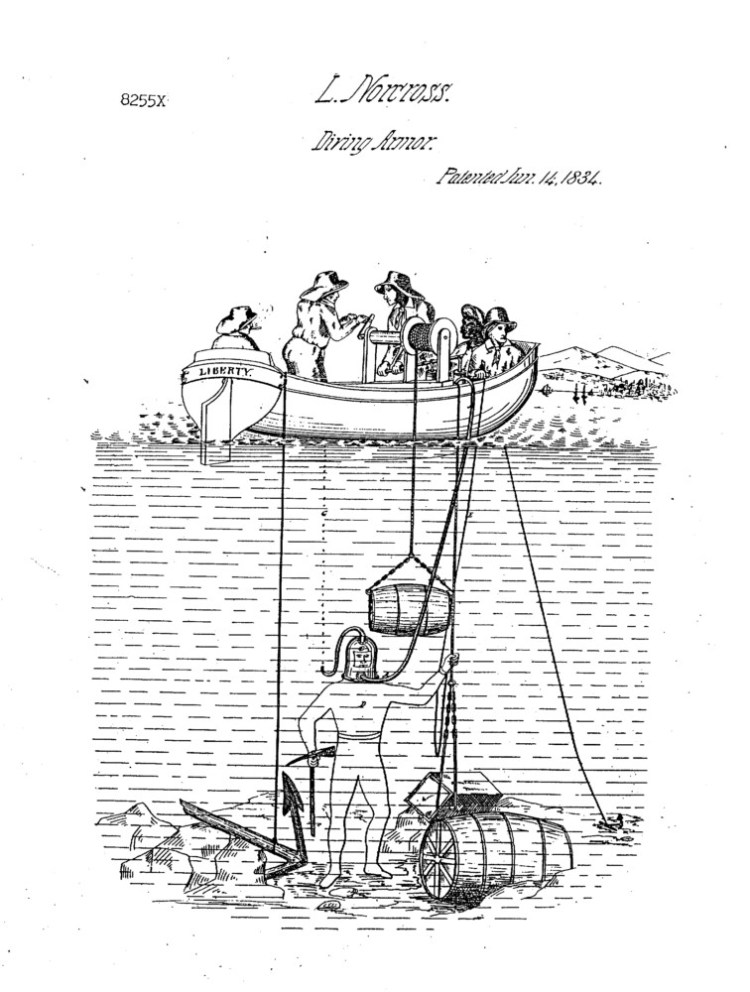 Illustration from patent filed by Leonard Norcross for diving armor.
