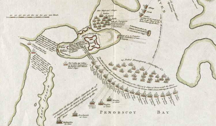 Depiction of the attack by the British on the Penobscot Expedition in August of 1779. This map of what is now Castine, with the fort and the American and British ships in position, was drawn in 1785 by an officer who was present at the battle.

