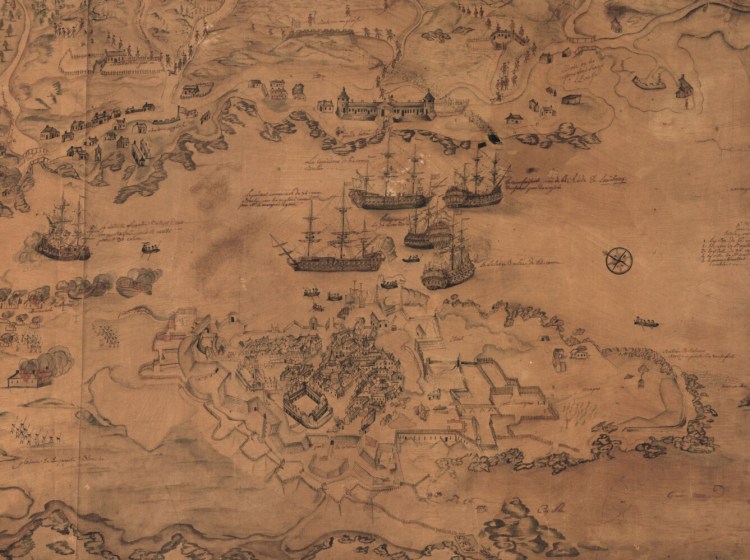 Detail of military troop and ship positions for the Siege of Louisbourg in 1758