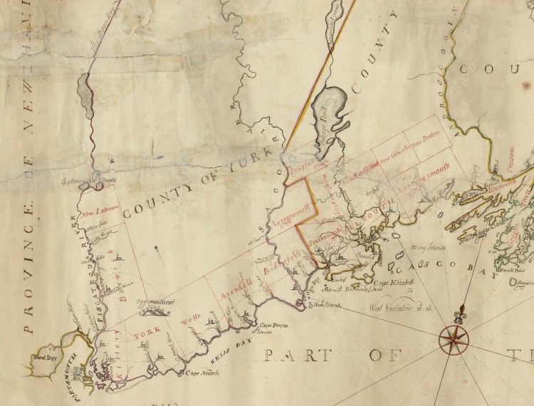 Detail of a map of York, Cumberland and Lincoln Counties of colonial Massachusetts extending from Portsmouth to Penobscot River by John Small, 1761
