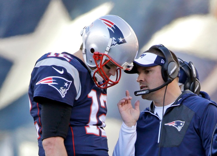 Former Patriots quarterback Tom Brady, left, denied his relationship with New England offensive coordinator Josh McDaniels was among the reasons he left the Patriots. In his Instagram stories, Brady refuted the report and said he and McDaniels are "brothers for life."