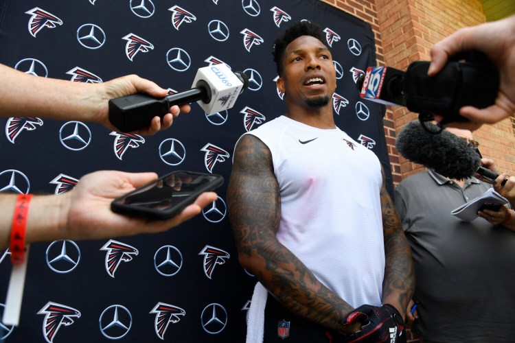 Atlanta Falcons safety Ricardo Allen talks to reporters last year. Allen says he'd rather stay safe and acknowledges he is nervous when contemplating the possible time the Falcons will welcome players back to their facility. 