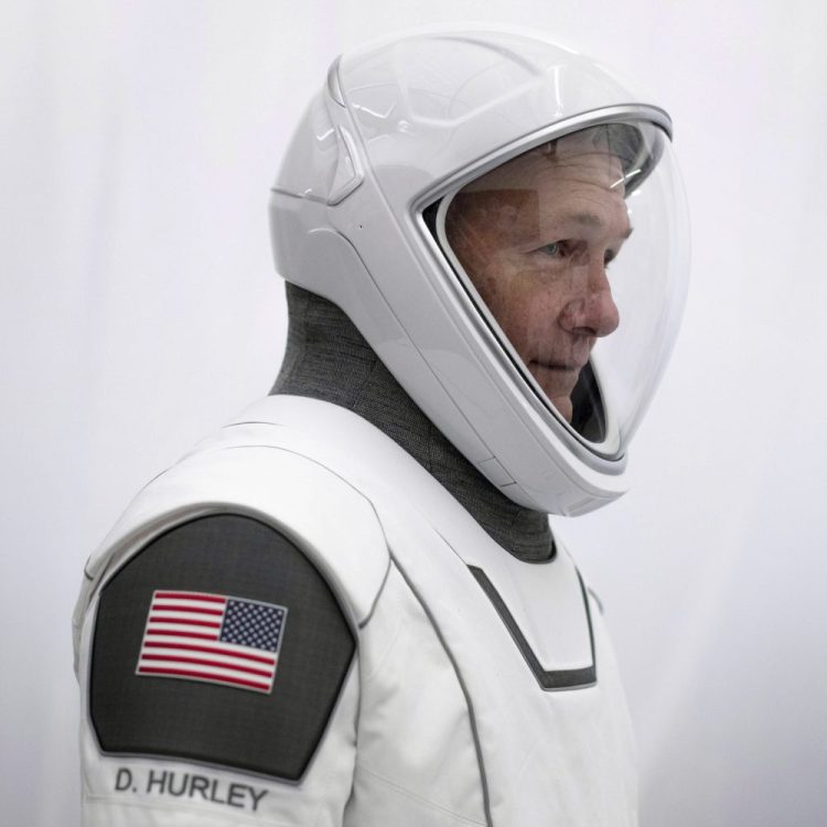 NASA astronaut Doug Hurley in his spacesuit at SpaceX headquarters in Hawthorne, Calif. On Wednesday, Hurley and Bob Behnken are scheduled to pilot a SpaceX Dragon capsule to the International Space Station.