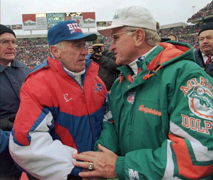 Former Bills coach Marv Levy, left, said of former Dolphins coach Don Shula, "He's one of the great credits to the game that has ever been.