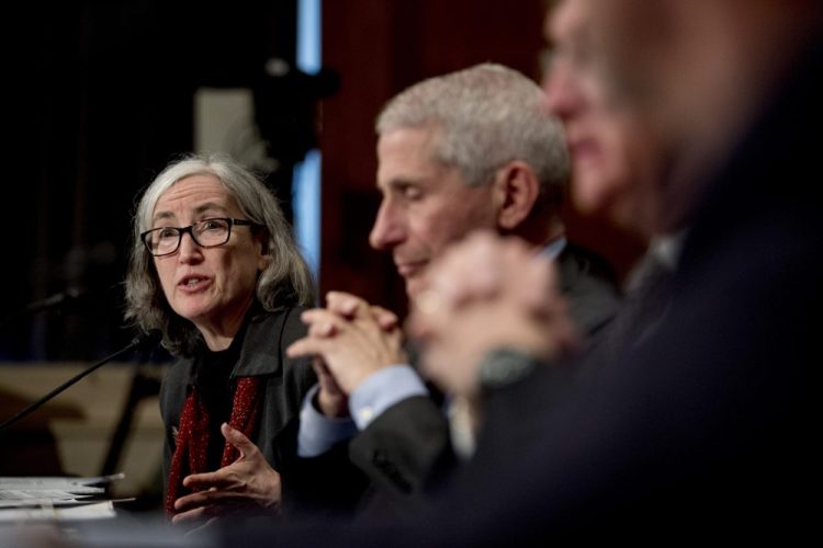 CDC Principal Deputy Director Anne Schuchat, center, accompanied by National Institute for Allergy and Infectious Diseases Director Dr. Anthony Fauci, right, testifies before a Senate committee on the coronavirus in, March. A public health historian says, “You have the greatest fighting force against infectious diseases in world history. Why would you not use them?”
