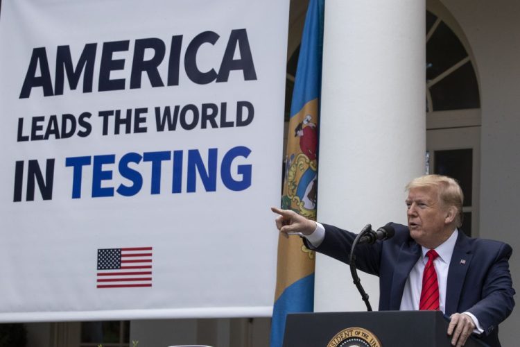 President Trump during a press briefing in the Rose Garden on Monday. The president claimed Monday that the U.S. has led the world in testing but countries like Canada, Iceland, Germany and Italy have much higher per-capita rates.